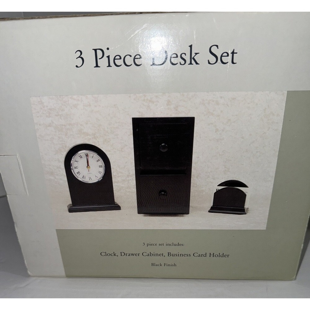 3 PC Desk Set—-Clock , Business Card Holder &‎ 2 Drawer Cabinet NEW Mahogany
